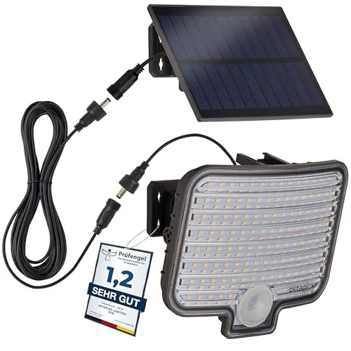 Oktaplex Ede LED Solarstrahler außen mit Bewegungsmelder 3000K - LED Außenstrahler mit Solarpanel, autark und energieeffizient. PIR-Bewegungssensor mit 6-8 m Reichweite, schwenkbar und ideal für Garten und Eingangsbereich.