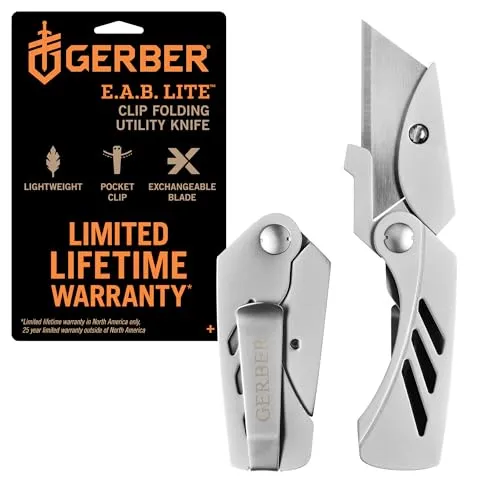 Gerber Cuttermesser EAB Lite, Klappbar mit 5,7 cm Klinge - Mehrzweckmesser mit austauschbarer Klinge, ideal für präzise Schnitte. Robuste Edelstahlkonstruktion und praktischer Gürtelclip für einfachen Transport.
