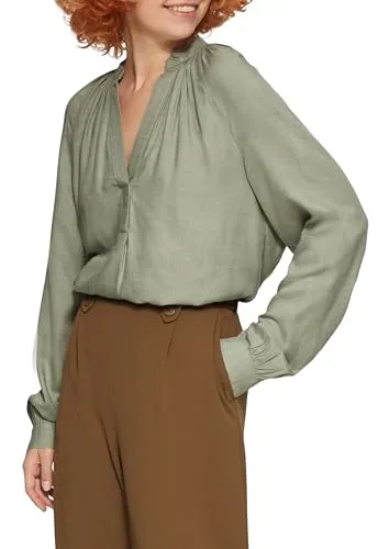 QS Damen 2152723 Bluse Langarm - Damenbluse mit Tunika-Ausschnitt, langen Ärmeln und raffiniertem Raffung-Detail für einen eleganten Look im Regular Fit.