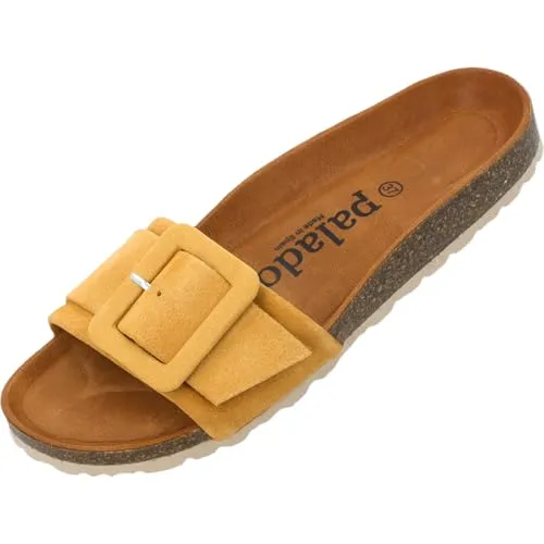 Palado Pantoletten Damen Nubra - bequeme Sandalen Made in Spain - Hausschuhe mit dämpfendem Kork-Fußbett - modische Sommerschuhe Gelb UK8 - EU41