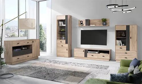 Lomadox Wohnzimmer-Set ANTIGUA-133, 5-teilig in Eiche mit anthrazitfarbenen Details - Modernes 5-teiliges Wohnzimmer-Set ANTIGUA-133 mit viel Stauraum. Die Kombination aus warmer Eiche-Nachbildung und stylischen anthrazitfarbenen Akzenten schafft ein einladendes Wohnambiente. Ideal für eine stilvolle Einrichtung!