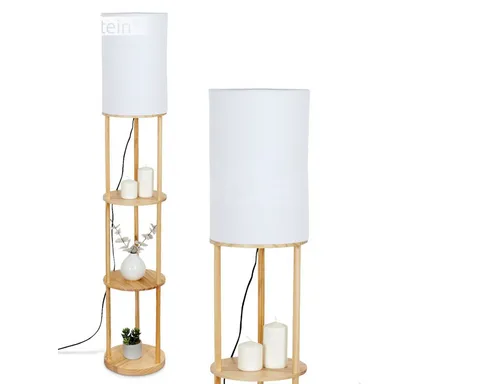 hofstein Stehlampe aus Holz und Stoff in Naturfarben/Weiß - Moderne Stehlampe für Innenräume mit praktischem Fußschalter und Ablageflächen. Ideal für Esszimmer, Flur oder Wohnzimmer. Fassung E27, Leuchtmittel nicht enthalten.