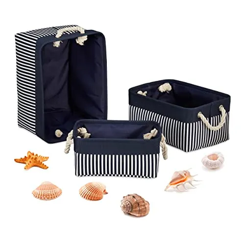Relaxdays Aufbewahrungskorb 3er Set, Regalkorb in 3 Größen, gestreift, maritimes Muster, Stoffkorb mit Henkel, blau-weiß
