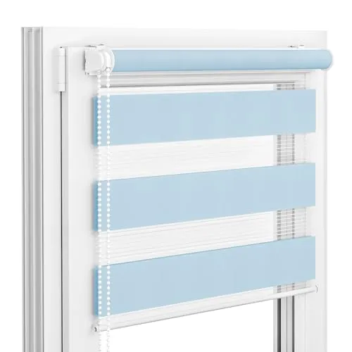 Victoria M. Zevra Doppelrollo Duorollo, Klemmrollo ohne Bohren & mit Bohren für Fenster und Türen, Klemmfix Duo Rollo Fensterrollo Lichtdurchlässige/Verdunkelnde Streifen, 35 x 160 cm, Hellblau