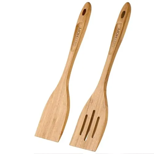 Pfannenwender Holz Kochlöffel Wooden Spatula: GEEKHOM 2-teilig Küchenutensilien Set aus 100% Bambus Schonend Antihaftbeschichtung Hitzebeständige 33cm mit Aufhänge Loch Naturfarbe
