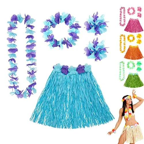 Amakando Bastrock Blumenkette Hawaii Hula Set blau Hawaikette Baströckchen Limbo Party Outfit Südsee Kostüm Zubehör Strandparty Beachparty