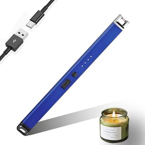 JIEYUCHU Lichtbogen Feuerzeug Elektrisch, Stabfeuerzeug USB Aufladbar mit LED Display, Winddicht und Flammenlos für Kerzen, Camping, Gasherd, Party (A-Blau)