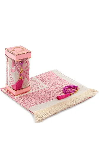 Muslimische Gebetspuppteppich und Gebetsperlen mit eleganter Geschenkbox | Janamaz | Sajadah | Weicher islamischer Gebetsteppich | Islamische Geschenke Set | Gebets Teppichmatte, Taft Stoff, rosa