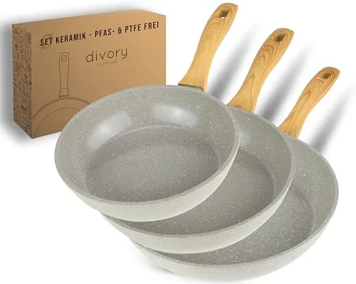 DIVORY Keramikpfannen Set 20, 24, 28cm – Induktionsgeeignete Bratpfannen ohne PFAS - Pfannen Set mit hochwertiger Keramikbeschichtung für fettfreies Braten ohne Anhaften. Ideal für alle Herdarten, inklusive Induktion, und besonders pflegeleicht.