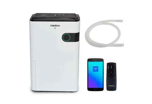 MEDION DH24S smarter Luftentfeuchter - Luftentfeuchter für Räume bis 40 qm, leise mit nur 43db, unterstützt Alexa & Google Assistant, großer 5L Wassertank und einfache Bedienung durch Touch-Bedienfeld.