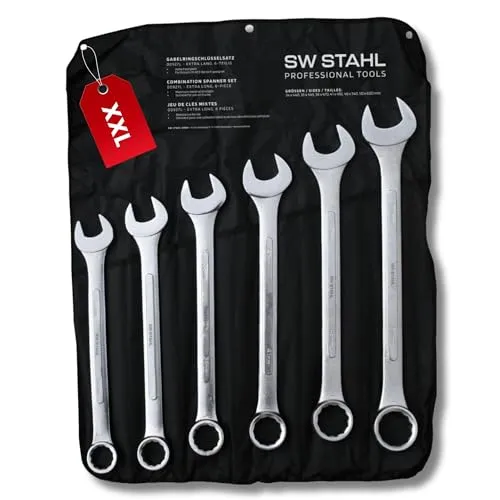 SW-Stahl 00927L Jumbo Gabelringschlüsselsatz 6-teilig - Werkzeug-Set mit extra langen Gabelringschlüsseln (34-50mm) aus hochwertigem Carbonstahl, ideal für höchste Kraftübertragung und professionelle Anwendungen. Inklusive praktischer Rolltasche.
