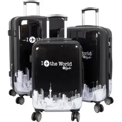 Warenhandel König Trolleyset Fly the World, 3-tlg. (M, L, XL) - Trolley-Set mit leichtem Polycarbonat-Material und stylischem Fly the World Motiv. Ideal für Reisen, mit Dehnfalte (L und XL) für extra Packvolumen und 360° drehbaren Rollen für müheloses Fortbewegen.