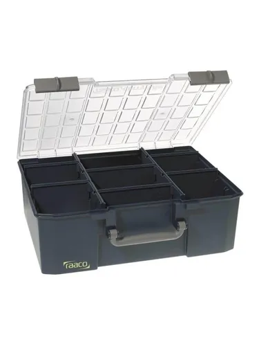 Raaco CarryLite 150-9 Aufbewahrungsbox - Praktische Aufbewahrungsbox mit Trennwänden, Schiebeschlössern und einem ergonomischen Griff für sicheren Transport und optimale Organisation.