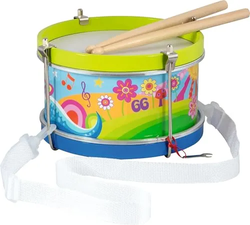 goki 61848 – Trommel Blumenwiese - Schlagzeug & Schlagwerk – Kindertrommel aus Holz mit fröhlichem Blumenmotiv, perfekt für kleine Musiker zur Förderung von Rhythmusgefühl und Koordination.