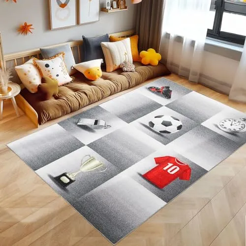SIMPEX KinderTeppich, Fußball-Design, Grau, 80 x 120 cm, Läufer für Kinderzimmer, Spielzimmer, Babyzimmer, Jugendzimmer