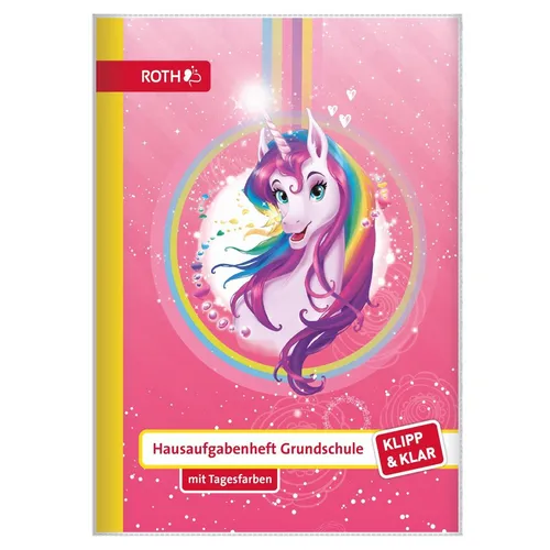 Roth Klipp&Klar Grundschul-Aufgabenheft Einhornportrait A5, Tagesfarben, Schutzu