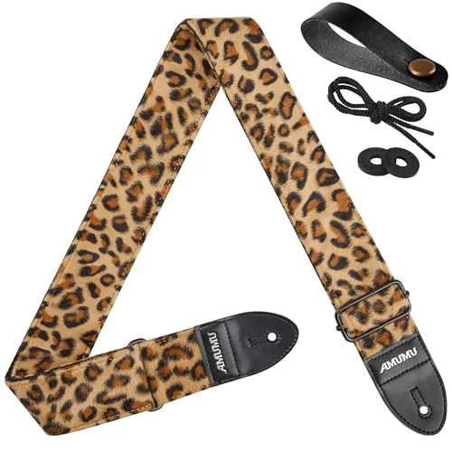 Amumu 5cm Leopard Samt-Gitarrengurt mit Mikrofaserkunstleder-Enden – Für Akustik-, E-Bass- & E-Gitarren – Gitarrenzubehör – Verstellbar von 92 bis 160 cm