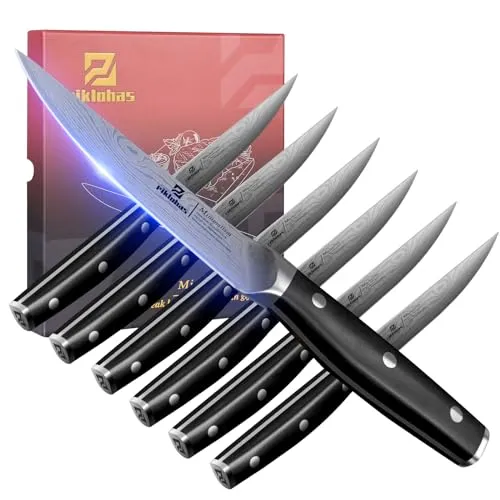 Piklohas Steakmesser Set 6 Teilig, 4.5 Zoll Glattklingen Dinnermesser, Geschmiedete Deutsche Stahl Damastmuster-Geradekanten-Fleischmesser mit Durchgehendem Griff, Ideal als Geschenk