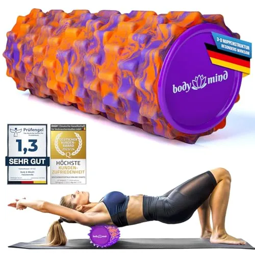 Body & Mind® Faszienrolle Massage-Rolle Fitnessrolle Sportrolle Therapierolle; Faszien-Training am Oberkörper, Nacken, Rücken, Beine, Waden & allen anderen Muskelgruppen; 33 x 14,5 cm; Orange-Lila