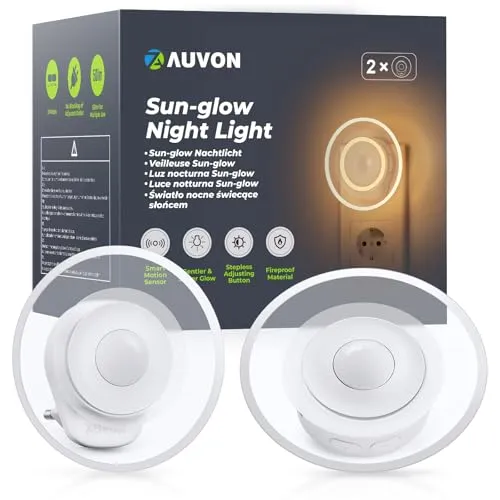 AUVON Sun-glow Nachtlicht mit Bewegungssensor, 2 Stück - Nachtlichter & Schlummerleuchten für Kinder mit einstellbarer Helligkeit von 1-50 lm, ideal für eine sanfte, augenschonende Beleuchtung im Schlafzimmer oder Flur.