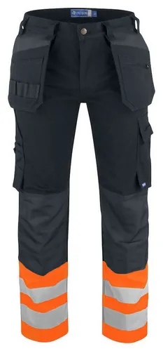 ProJob Arbeitshose 6530 EN ISO 20471 Klasse 1 schwarz C52 - Robuste Arbeitshose aus 100% Baumwolle, ideal für den professionellen Einsatz. Hohe Sichtbarkeit durch orangefarbene Akzente, bietet Komfort und Funktionalität bei der Arbeit.