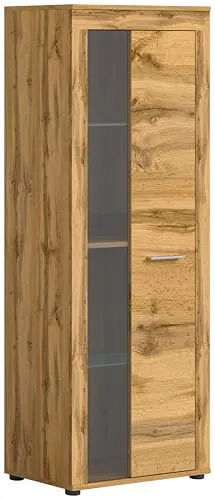 xonox.home Wohnzimmer Jam Vitrine - Glasvitrine in Wotan Eiche Nb., ca. 60x159x35 cm, mit 1 Tür und 2 Glasböden für stilvollen Stauraum und individuelle Dekoration.