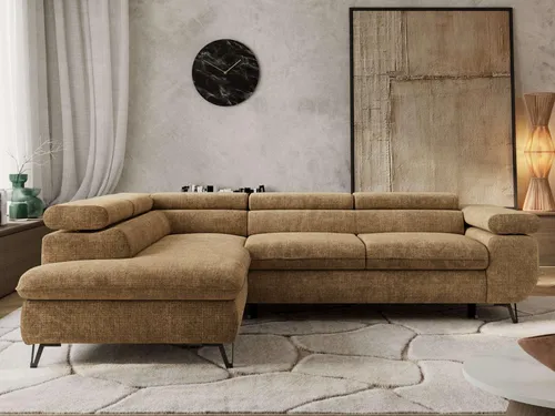 Ecksofa PABLO L mit Schlaffunktion und Topper-Optionen - Hellbraun - Modernes L-förmiges Ecksofa PABLO L mit integrierter Schlaffunktion und praktischem Bettkasten. Fünf verstellbare Kopfstützen sorgen für individuellen Komfort. Wählen Sie zwischen verschiedenen Topper-Varianten für optimalen Schlafkomfort.