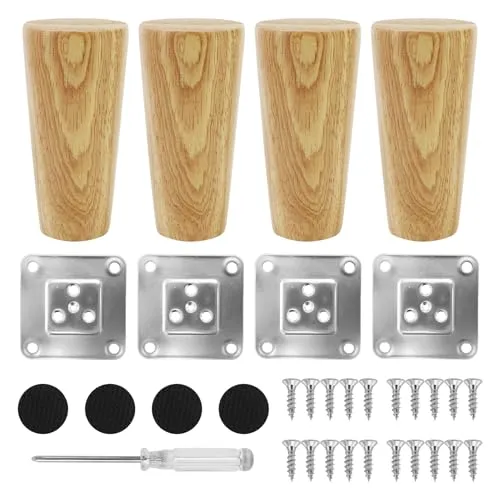 10cm Holz Tischbeine,4 Stück Massivholz Konisch Ersatz Sofafüße Möbelfüße Sockelfüße Tischfuß Aus Eiche, Möbelbeine mit Montageplatten & Schrauben für Stühle und Sofa Bett, mit 1 Schraubendreher