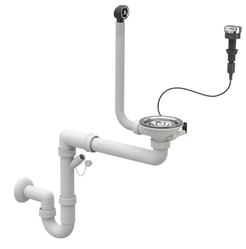 Granitan Platzsparendes Küchenspülen Siphon, Küchenspülenablauf | Set mit Anschluss Geschirrspülmaschine, ø 115 mm/3,5 Zoll, Ablaufgarnitur für 1 Becken mit automatischen Stopfen, Chrom