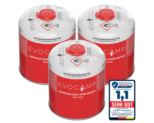 EVOCAMP Gaskartusche 3x Propan Butan 450g, Schraubkartusche Eurogewinde 7/16