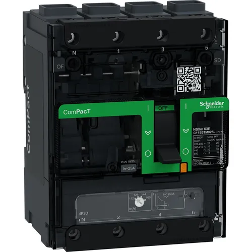 Schneider Electric Kompaktleistungsschalter C11E6TM025L IP40 - Leistungsschalter für hutschienenmontage, mit einem Bemessungsstrom von 25A und einem hohen Kurzschlussausschaltstrom von 16kA, ideal für industrielle Anwendungen.