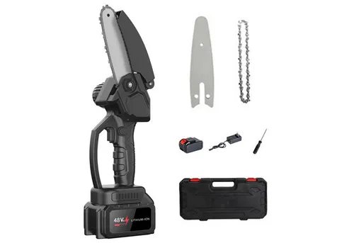 OKWISH Akku-Kettensäge Mini Kettensäge Elektro Einhand Motorsäge Handkettensäge, 4 Zoll 10 Abschnitte 48V, mit 2x 12000mAh Akku 2x Ketten und Werkzeugkoffer, für Gartenscheren Astschere Holzschneidenz