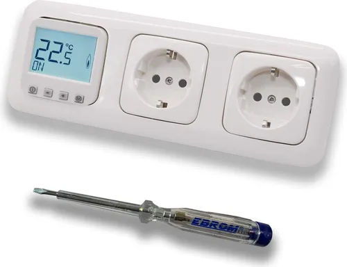 Halmburger Raumthermostat Raumtemperaturregler ERD-1Urg DIGITAL in Busch Jäger Reflex SI alpinweiß + 2 x Steckdose mit Berührungsschutz + EBROM Phasenprüfer zur Montage der Geräte, Fußbodenheizung