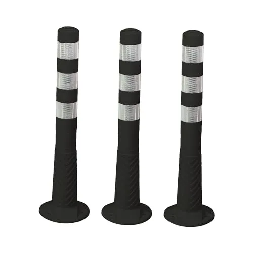 UvV Set mit 3 Premium Reflex Absperrpfosten, Poller 75 cm hoch, flexibel reflektierend (Schwarz)