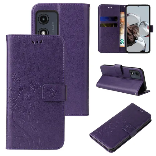 Handyhülle für Motorola Moto E13 Klapp Case Tasche Blume Schmetterling Violett