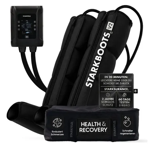 STARKFELD Lymphdrainage-Gerät STARKBOOTS® Lymphdrainage Gerät – Recovery Boots & Bein Massagegerät, 8 Drucksensoren, Bein Massagegerät mit kabellosem Smart Monitor mit 2 Stunden Laufzeit, Venenrückfluss & gegen Wassereinlagerungen