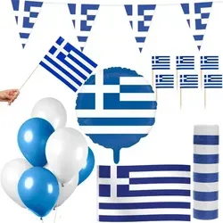 Griechenland Party Deko Set 74 tlg. - Blau Weiß - Party-Deko Set für Griechenland-Themenfeiern: Enthält Wimpelkette, Luftballons und Handfahnen für eine festliche Atmosphäre.