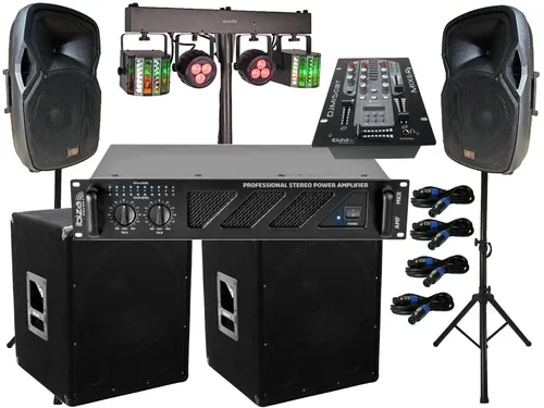 DJ PA Set 2-Wege mit 38 cm Subwoofer und LED Lichtset
