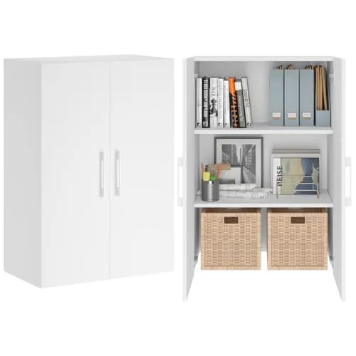 Bellamio Apol Mehrzweckschrank weiß – Büroschrank 60 cm breit – Aktenschrank aus Holz mit 3 Fächern – kleines Bücherregal mit 2 Türen für Flur/Wohnzimmer/Büro – Aufbewahrungsschrank 88 cm hoch