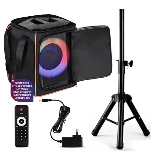 Pyle Partybox Bluetooth Lautsprecher 120W mit TWS – Tragbarer Party Lautsprecher mit kraftvollem Sound, LED Lichteffekte, Stativ, Tragtasche, USB, Micro SD, FM Radio