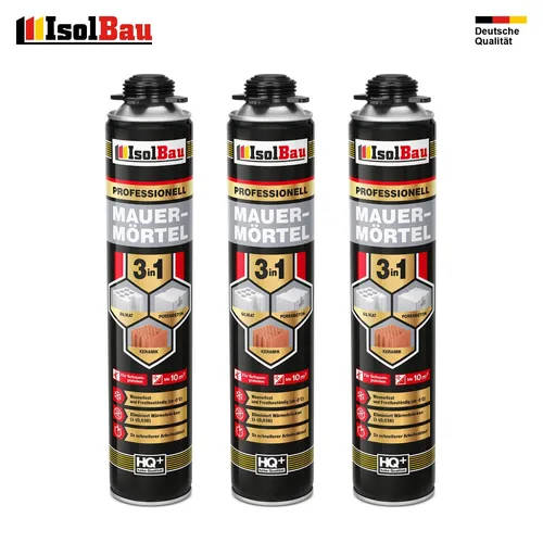Mauermörtel Pistolenschaum 3in1 - 750ml - Bauschaum für vielseitige Anwendungen, ideal zum Auffüllen und Isolieren, mit einer Ergiebigkeit von bis zu 10 m² pro Dose und schneller Aushärtung in 24 Stunden.