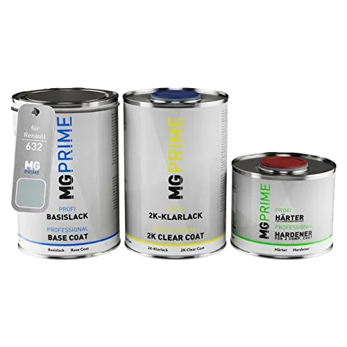MG PRIME Autolack Dose Set für Renault 632 Gris Boreal Metallic/Polargrau Metallic Basislack 2K Klarlack Härter spritzfertig 2,5L