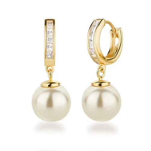 Schöner-SD Creolen Ohrhänger mit 10mm Perle in cremeweiß - Elegante Ohrringe aus vergoldetem 925 Silber mit 10mm Perlen und funkelnden Zirkonia, ideal für festliche Anlässe oder den Alltag. Perfekt als Geschenk in einem Schmucketui.