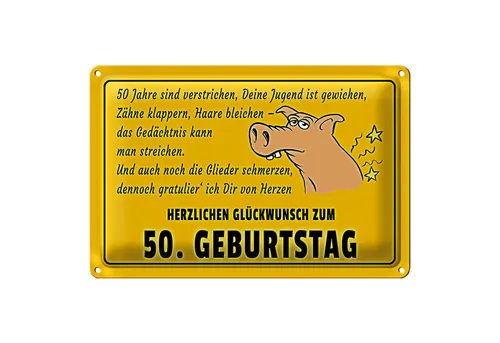 Roomando Metallschild Spruch 50. Geburtstag – Humorvolles Geschenk - Kreatives Metallschild (18x12cm) mit witzigem Spruch zum 50. Geburtstag. Ideal als originelles Geschenk, das Freude und Humor verbreitet. Aus robustem Stahlblech, mit abgerundeten Ecken und vorgebohrten Löchern für einfache Montage.