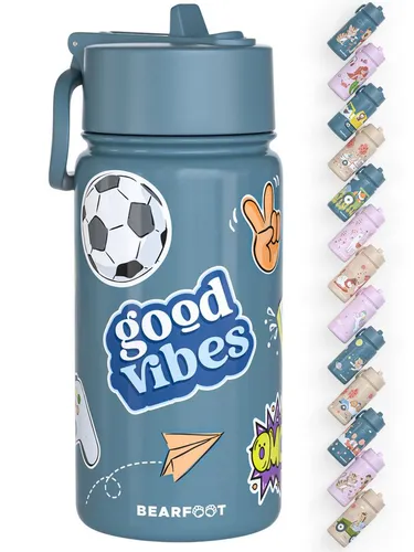 BEARFOOT Trinkflasche Thermo für Kinder - Edelstahl mit Sticker blau - Trinkflaschen, auslaufsicher und BPA-frei, ideal für kleine Abenteurer mit kindgerechtem Strohhalm – perfekt für Schule und Ausflüge!