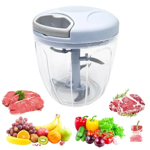 Fousenuk Gemüseschneider, 900 ml Zwiebelschneider Manuell, Zwiebel Zerkleinerer Manuell mit Seilzug, Multizerkleinerer mit 5 Edelstahlklingen, Gemüsezerkleinerer Küche, Knoblauch Zwiebeln Schneide