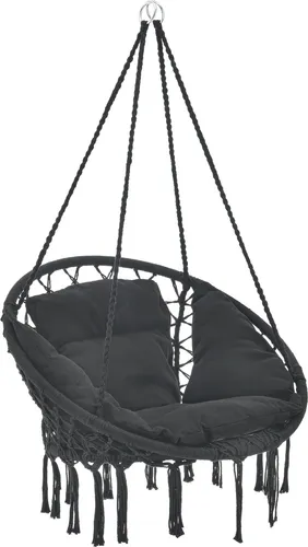 Hängesessel mit Kissen für Indoor & Outdoor – Bis 150 kg, Schwarz - Entspannen Sie stilvoll in diesem Hängesessel, ideal für drinnen und draußen. Mit einem bequemen Kissen und dekorativen Fransen bietet er hohen Komfort und eine ansprechende Optik.