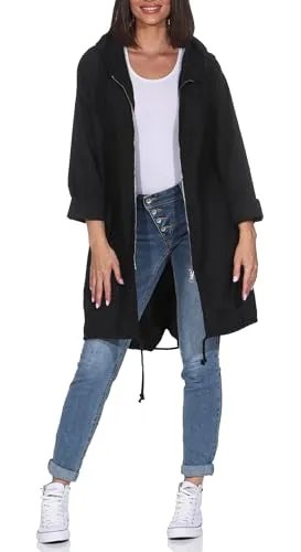 simaranda Damen lange Übergangsjacke Parka mit Kapuze Outdoor stylischer Mantel 25611 (DE/NL/SE/PL, Numerisch, 36, 42, Regular, Regular, Schwarz)