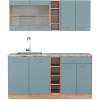 Vicco Küchenzeile R-Line, Blau-Grau/Goldkraft Eiche, 160 cm mit Marmorarbeitsplatte - Küchenzeilen mit modularem Aufbau für individuelle Gestaltung. Ideal für kleine Räume, ergonomische Arbeitsplatte und zusätzliche Module erhältlich.