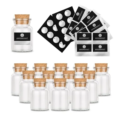 Ankerkraut leeres Korkenglas, klein, 12 Stück Gewürzgläser, inklusive Etiketten zum selber Beschriften, zum Abfüllen von Gewürzen, Kräuter, Bonbons, großartiges Gast-Geschenk, 170 ml, Embossing